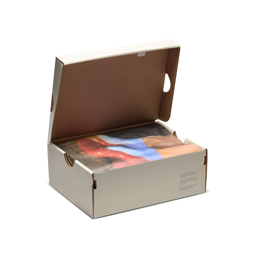 A plain shoebox, unbranded and unlabeled, exposes a hint of colorful fabric inside. It holds the NIKE SB DUNK LOW 👠💚 LITTLE KIDS', ideal for young children embarking on their first skateboarding adventure.