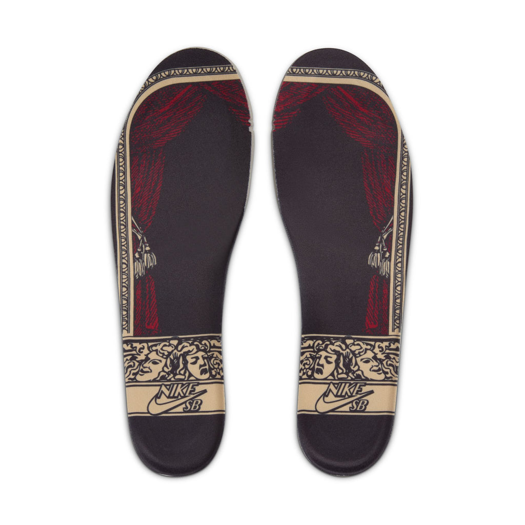 These insoles showcase a theater curtain design infused with Parisian cinema charm, finished with the iconic Nike SB logo at the base. They're the ideal addition for infusing your NIKE SB DUNK LOW PRO CELESTIAL GOLD/BLACK-DARK TEAM RED sneakers with a touch of vintage elegance.