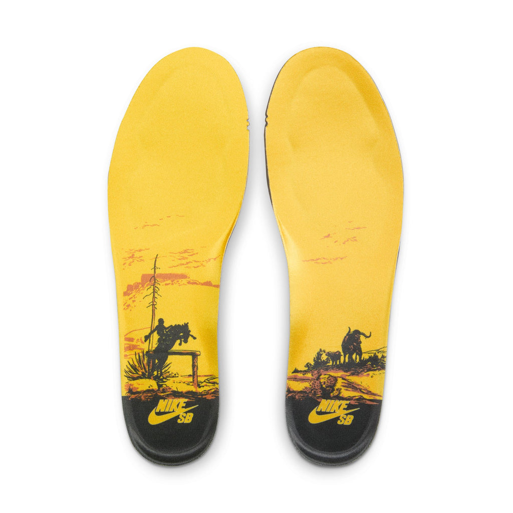 A pair of yellow Nike SB insoles with a cowboy motif and logo at the heel, inspired by Southwest heritage to complement the NIKE SB RODEO DUNK LOW TOURMALINE/BAROQUE BROWN-MONARCH’s mixed suede and forest leather design.