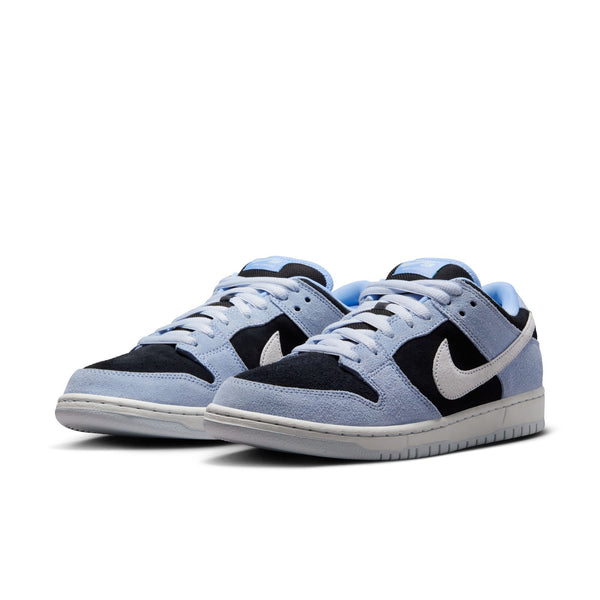 The Nike SB Dunk Low Pro Aluminum/Black-Football Grey sneakers feature stylish white swooshes, viewed from a slight front angle. Crafted from premium materials, these sneakers offer durable traction with every step.