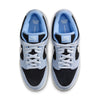 Top view of NIKE SB DUNK LOW PRO ALUMINUM / BLACK-FOOTBALL GREY sneakers by Nike, featuring light blue, black, and white accents crafted with premium materials for enhanced style and durability.