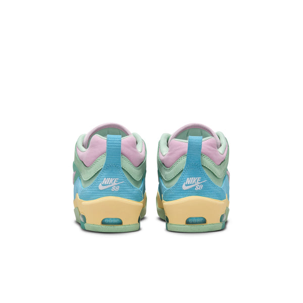 Rear view of a pair of multicolored Nike SB Ishod 2 Verdy Air Max Blue Gaze / Lt Arctic Pink-Enamel Green shoes, designed for skate durability.
