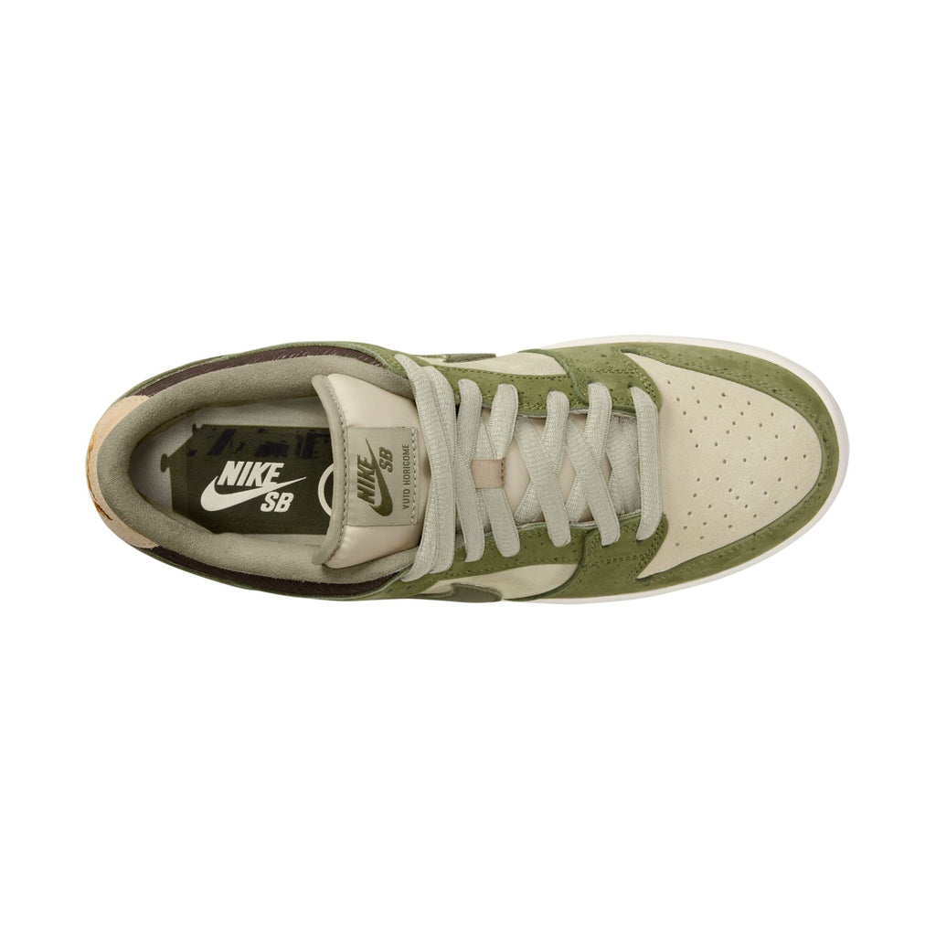 Top view of a RAFFLE WINNER NIKE SB YUTO "MATCHA" Dunk Low in asparagus and legion green features white laces, durable traction, and an olive green insole with the Nike SB logo.