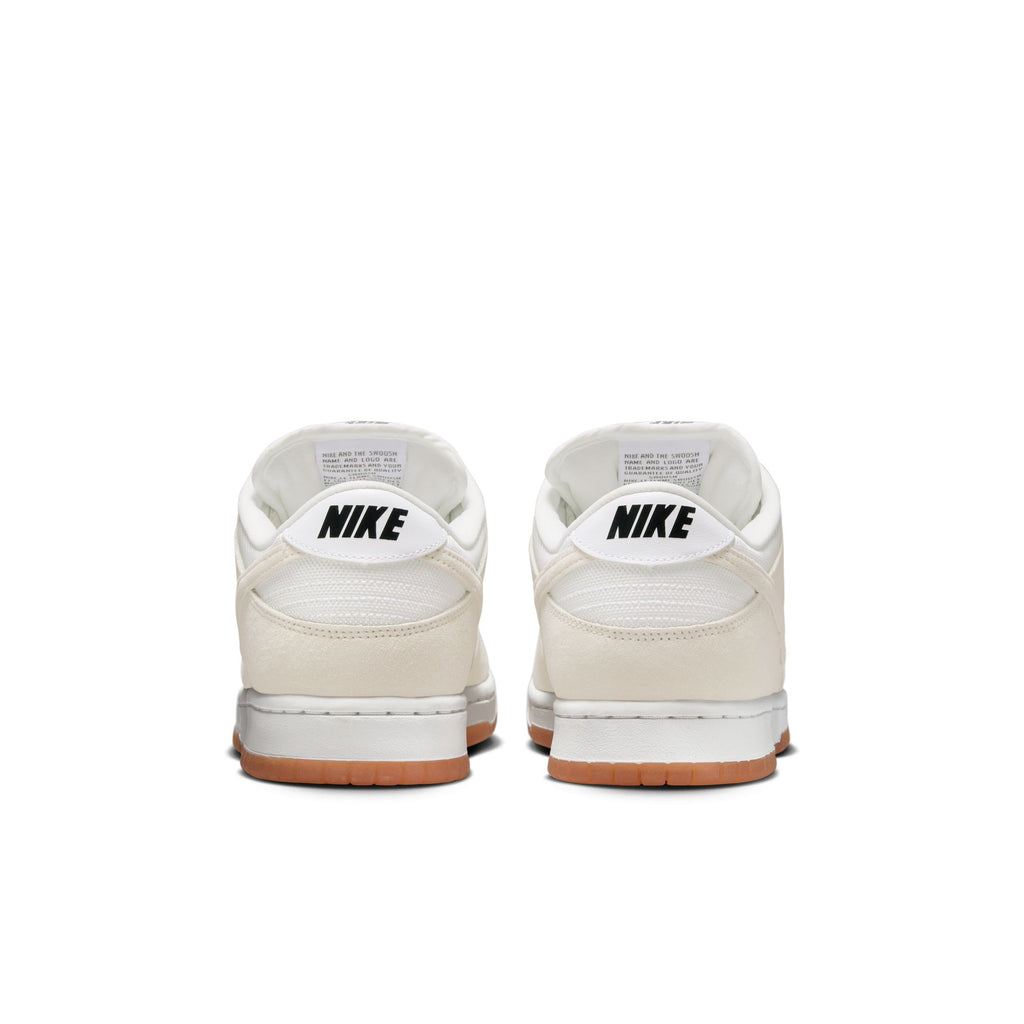 Rear view of two white nike SB DUNK LOW PRO B PALE IVORY / SUMMIT WHITE skate shoes with gum soles and black Nike logos on the heels, shown against a white background.