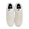 Top view of nike SB Dunk Low Pro B Pale Ivory/Summit White shoes, featuring perforated toe boxes, white laces, and black Nike branding on the tongue and insole.