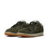 The NIKE SB DUNK LOW PRO B in Sequoia/Light Army features olive green suede uppers, black laces, white midsoles, and gum rubber outsoles.