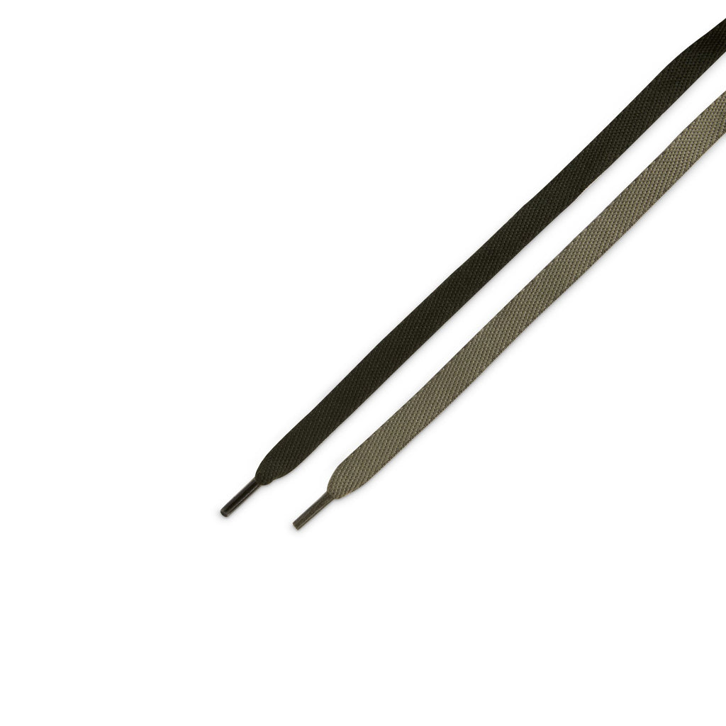Two flat shoelaces, one dark green and one light gray, are side by side on a white background—ideal replacements for your nike SB Dunk Low Pro B Sequoia/Sequoia-Light Army-White sneakers.
