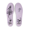 The Nike SB Hayley Wilson Dunk Low Pro in Court Purple/Black-White-Lagoon Pulse features lavender insoles with black tattoo-style graphics: a rose and spiderwebs on the left, scorpion and "Hayley Wilson" on the right, all with lightweight cushioning.