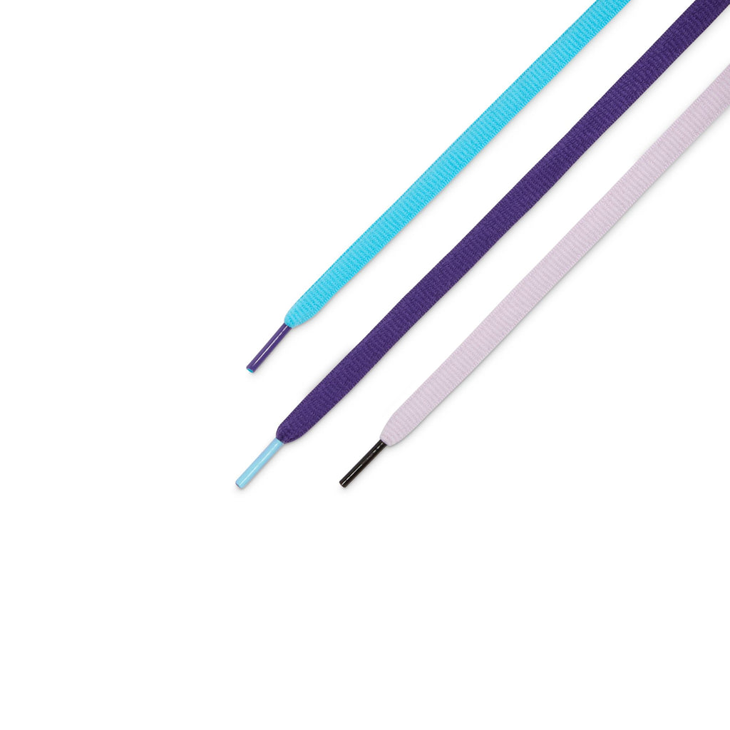 Three flat shoelaces in blue, dark purple, and light gray—each with plastic aglets—are displayed on a white background. Designed for lasting quality, they're made for the NIKE SB HAYLEY WILSON DUNK LOW PRO COURT PURPLE by Nike.