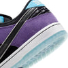 Close-up of the nike SB Hayley Wilson Dunk Low Pro in Court Purple/Black-White-Lagoon Pulse, featuring purple suede, black and white accents, a blue heel tab, and a translucent blue sole made with premium materials.