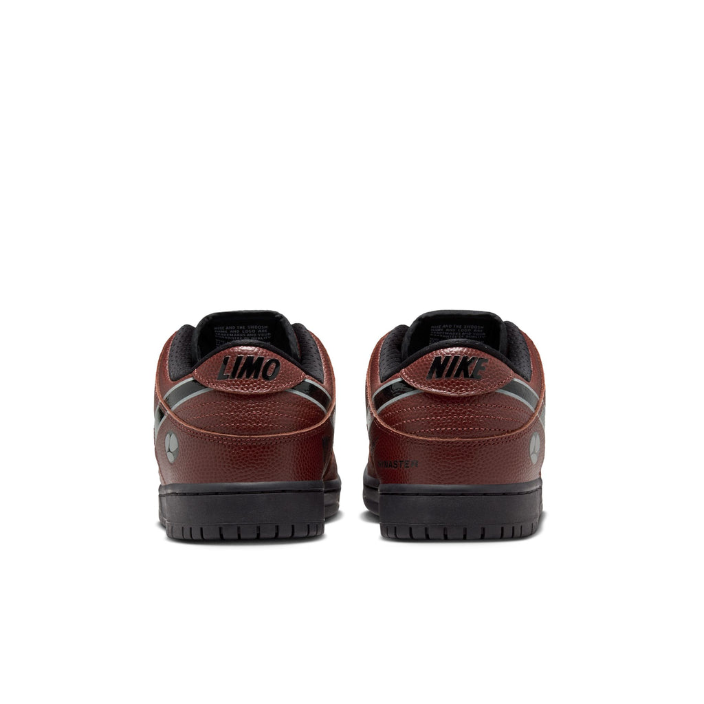 The nike SB x LIMO Dunk Low Pro in Dark Pony/Black-Silver-White features football-textured leather with "LIMO" on the left heel, "NIKE" on the right, and unique custom limosine artwork viewed from the back.