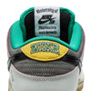 Close-up of the nike SB x CSEF Dunk Low in Summit White/Black-White-Iron Grey, highlighting its teal lining, yellow and green "NIKE" embroidery, visible tongue label, and glossy patent leather Swoosh—styled for the College Skateboarding Educational Foundation.
