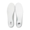 Two white insoles are displayed side by side, designed for the Nike SB Zoom Blazer Low x Dancer Black/Metallic Silver-Black skateboarding shoes. The left insole is adorned with a small dancer graphic, while the right features the iconic Nike SB logo, harmonizing seamlessly with the premium leather design.