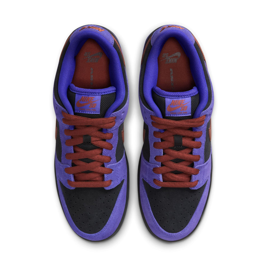 The nike SB DUNK LOW PRO PERSIAN VIOLET / OFF NOIR sneakers showcase Persian Violet and black uppers with red laces and inner lining—an ideal choice for Bluetile Skateboards fans.