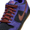 Close-up of the nike SB DUNK LOW PRO PERSIAN VIOLET / OFF NOIR, featuring purple and black suede, brown leather Swoosh, brown laces, and a gum sole—available at Bluetile Skateboards.