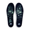 The NIKE SB DUNK LOW PRO VERDUGO MOUNTAIN features navy insoles with neon green radio towers, satellites, and a cyclist biking on a hill inspired by the Verdugo Mountains, plus the nike SB logo at the heel.