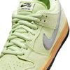 Close-up of the NIKE SB DUNK LOW PRO VERDUGO MOUNTAIN by nike, featuring light green suede, grey swoosh, gum sole, detailed laces and tongue label—designed for mountain biking, style, and daily wear.