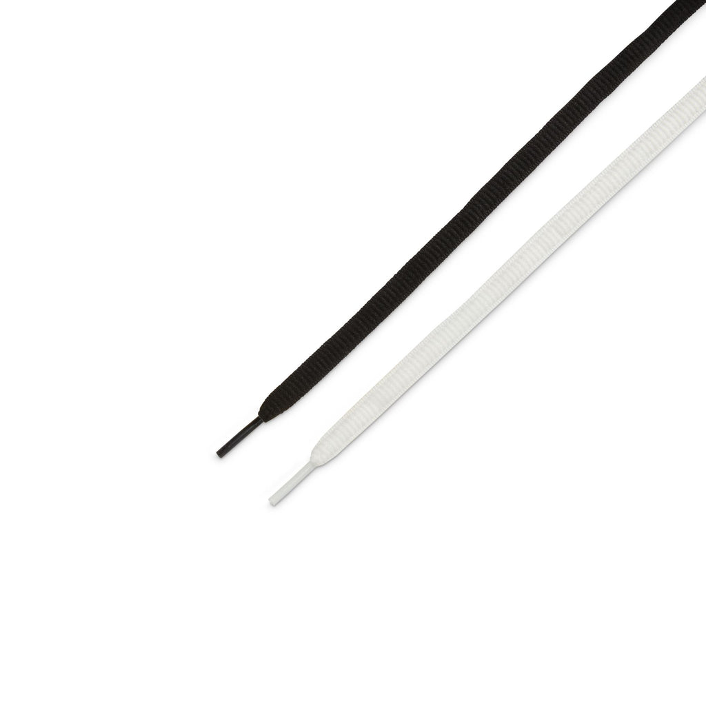 A black and a white shoelace, inspired by the NIKE SB P-ROD 1 ZOOM AIR LOW 20 YEARS WHITE/BLACK-WHITE-CLEAR from Nike, are placed side by side on a white background.