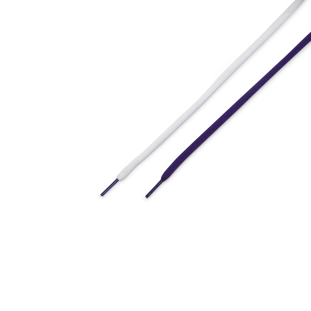A white and a dark purple shoelace are laid out parallel on a white background—ideal for customizing your NIKE SB ISHOD 2 AIR MAX UNIVERSITY RED / BLACK-AMARILLO-NAVY or upgrading any favorite nike skate shoes.