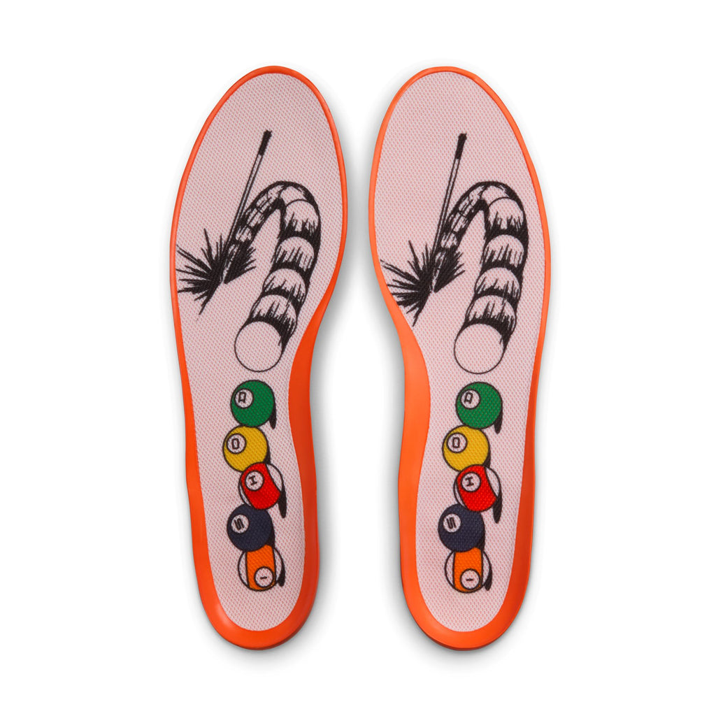 Add distinctive flair to your NIKE SB ISHOD 2 AIR MAX UNIVERSITY RED / BLACK-AMARILLO-NAVY with orange insoles featuring candy cane, pool cue, and billiard ball graphics on a light pink background—perfect for skate shoes.