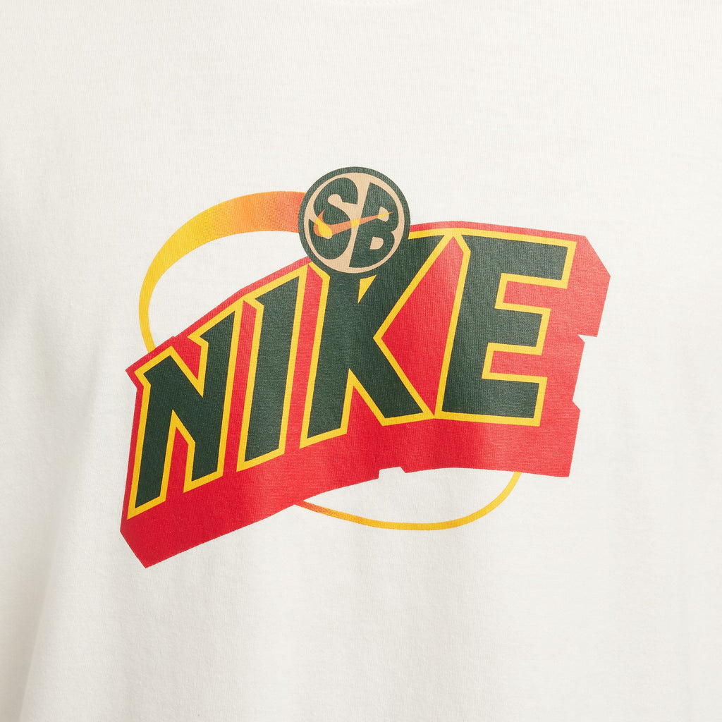 NIKE SB Sonics Max90 Tee in white, showcasing a stylized red and yellow "Nike SB" logo on the chest, ideal for matching with your favorite Sonics Max90 sneakers.