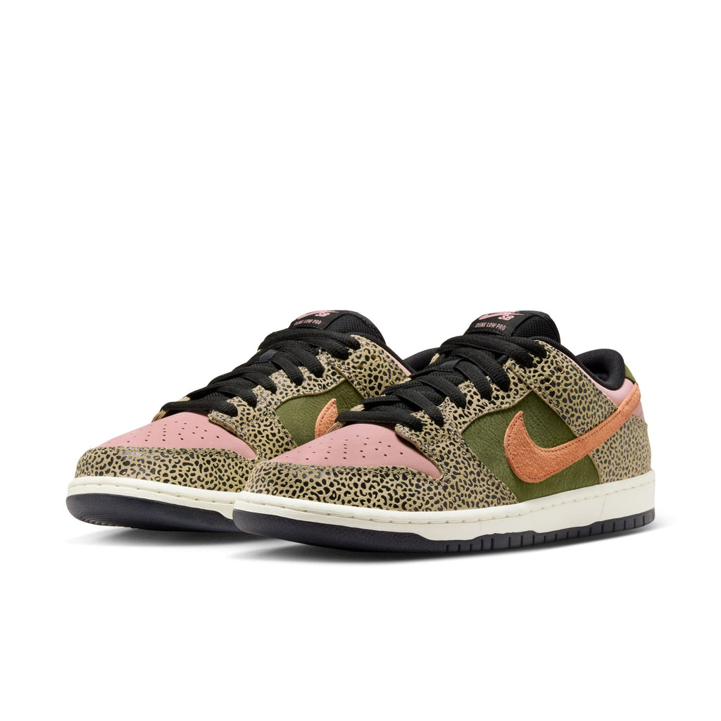 The Nike SB x Arts-Rec Dunk Low Pro in Khaki/Amber Brown/Rough Green/Rust Pink/Black/Sail features pink toes, orange swooshes, olive green panels, black laces, and cheetah print on tumbled leather overlays.