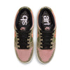 Top view of nike SB x Arts-Rec Dunk Low Pro sneakers in khaki, amber brown, rough green, rust pink, and black with animal print accents and text on the insoles.
