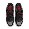 Top view of Nike SB P-Rod 1 Zoom Air Low Black/Varsity Red-Flint Grey-Black sneakers by Nike, featuring black laces, gray and black panels, red accents, red insoles with a geometric pattern and the Nike SB logo. Premium leather skate shoes for performance.