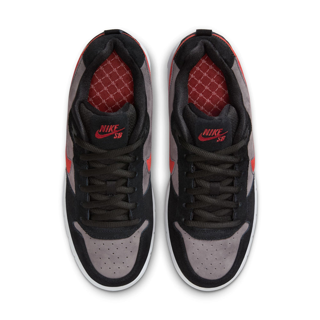 Top view of Nike SB P-Rod 1 Zoom Air Low Black/Varsity Red-Flint Grey-Black sneakers by Nike, featuring black laces, gray and black panels, red accents, red insoles with a geometric pattern and the Nike SB logo. Premium leather skate shoes for performance.