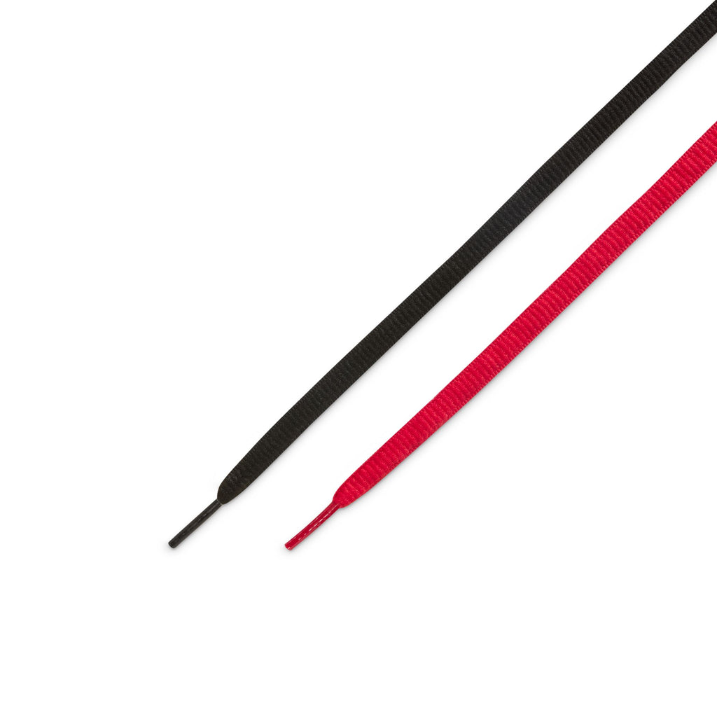 A black and a red shoelace, ideal replacements for your nike NIKE SB P-ROD 1 ZOOM AIR LOW BLACK / VARSITY RED-FLINT GREY-BLACK, are displayed side by side on a white background.