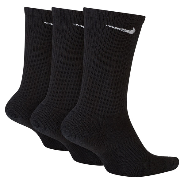 Three pairs of black Nike Everyday Crew Socks 3pack Black Large on a white background.