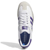 Top view of the Adidas Samba ADV Cloud White/Collegiate Purple sneaker, featuring purple stripes and suede accents along with a blue insole displaying the Adidas logo. The shoe has a white lace-up front, capturing the essence of skateboarding style and reinforced with Adituff toe for added durability.