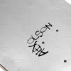 Close-up of the violet VIOLET X ALEX OLSON SILVER METAL skateboard deck, featuring a diamond plate pattern and "ALEX OLSON" in distressed black text near the mounting holes.