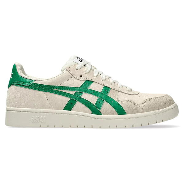 White ASICS JAPAN PRO BIRCH / KALE sneaker with green accents, suede paneling, and logo on a side view against a white background.