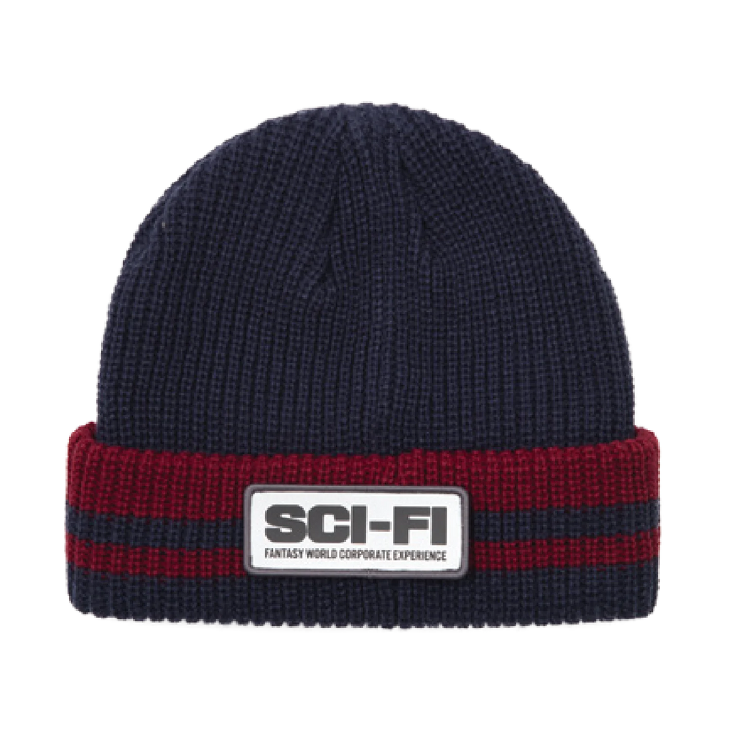 A SCI-FI FANTASY reflective beanie with the word sc-f on it.
