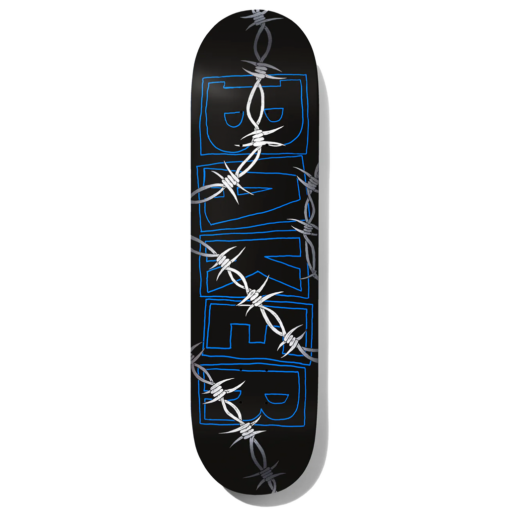 A skateboard deck featuring the word "BAKER ZACH BARBED WIRE" by BAKER.