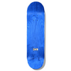 A blue BAKER skateboard with the word lgh and barbed wire on it.