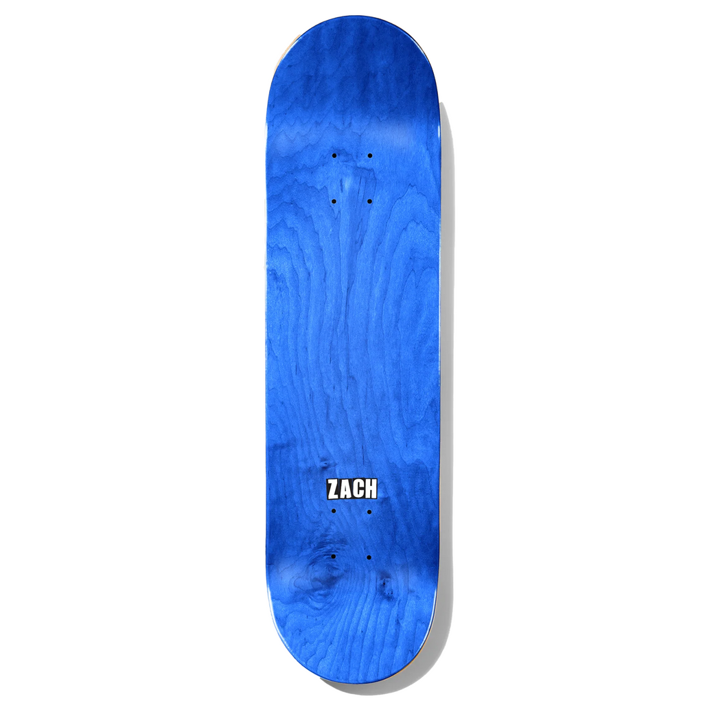 A blue BAKER skateboard with the word lgh and barbed wire on it.