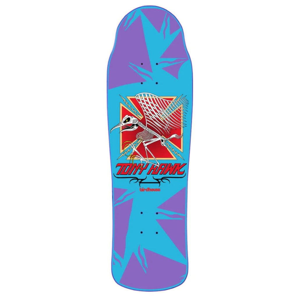 graphic skateboard with blue and purple design background