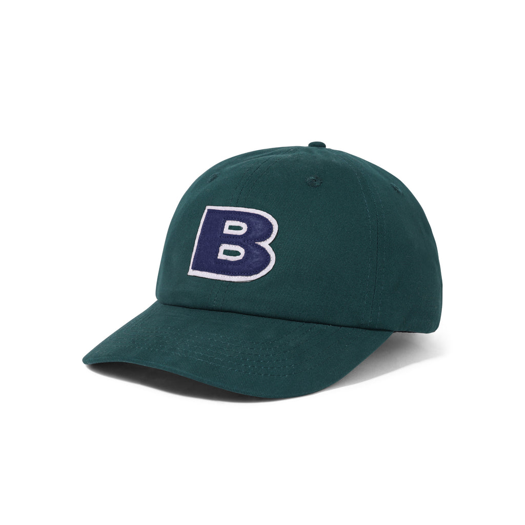 A green BUTTER GOODS B LOGO 6 panel hat with the letter B logo.