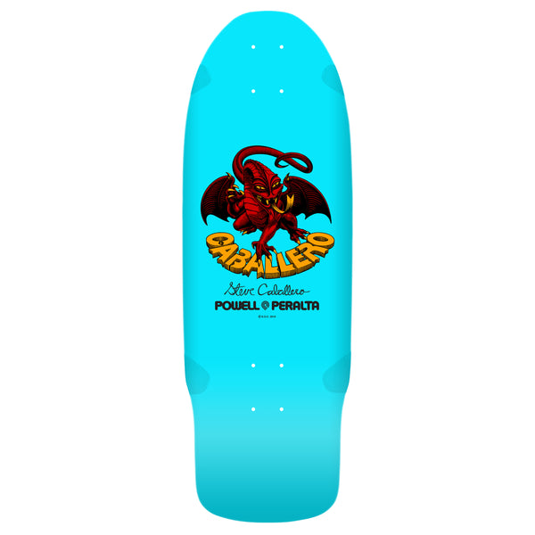Skateboard deck with a blue background and a graphic of a red dragon, labeled "caballero" for Steve Caballero's signature model by Powell Peralta, part of the POWELL PERALTA BONES BRIGADE SERIES 15 CABALLERO.