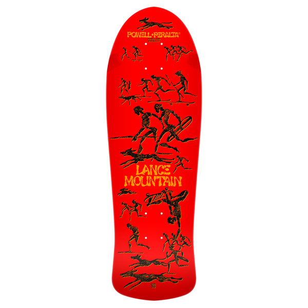 Red skateboard deck with POWELL PERALTA branding, featuring graphic illustrations of Bones Brigade skateboarding figures.