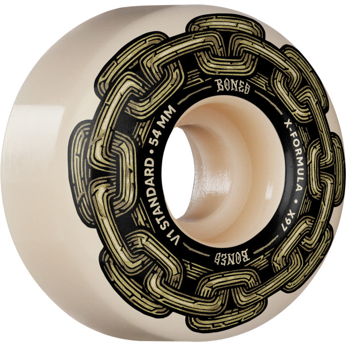 A BONES skateboard wheel with a gold chain design on it.