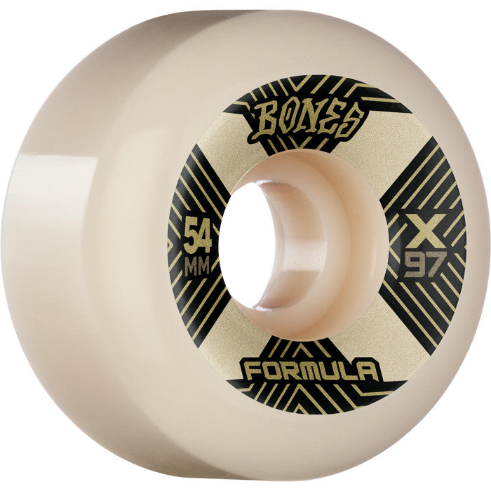 A white BONES skateboard wheel with a black and white design.