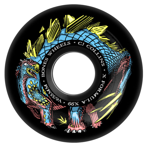 The BONES X-FORMULA Collins V6 Widecut 55mm 99a skateboard wheel features a vibrant dinosaur design on a sleek black background. With its unique formula and high rebound performance, it combines style and quality for skaters looking for something exceptional.