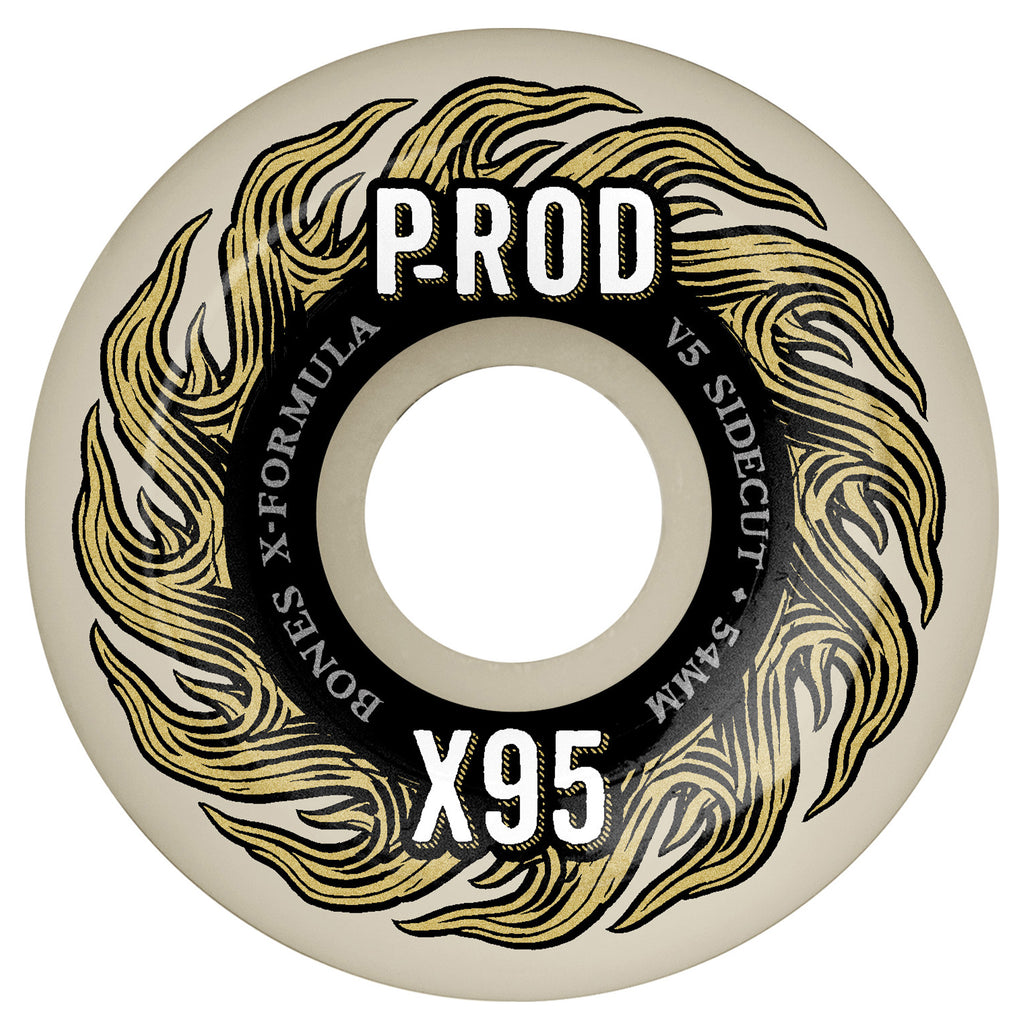 The BONES X-FORMULA P-ROD V5 Sidecut 54mm 95A skateboard wheel showcases a flame design along with the text "P-ROD," "X95," and "Bones X-Formula." Designed for high rebound and durability, it also includes the VS Sidecut STF V4 feature.