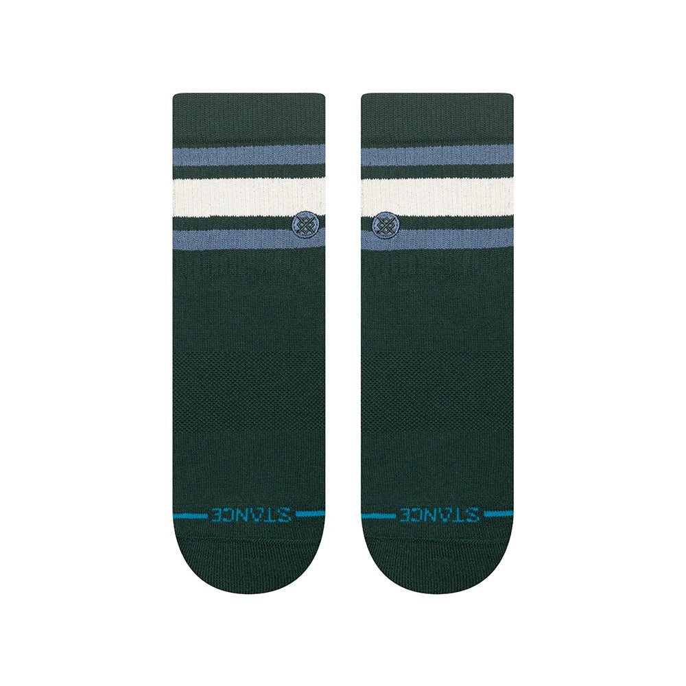 The STANCE BOYD QUARTER PINE LARGE socks are dark green, quarter height, made from soft combed cotton, and feature white and light blue stripes near the top with light blue "STANCE" branding on the toes.