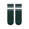 The STANCE BOYD QUARTER PINE LARGE socks are dark green, quarter height, made from soft combed cotton, and feature white and light blue stripes near the top with light blue "STANCE" branding on the toes.