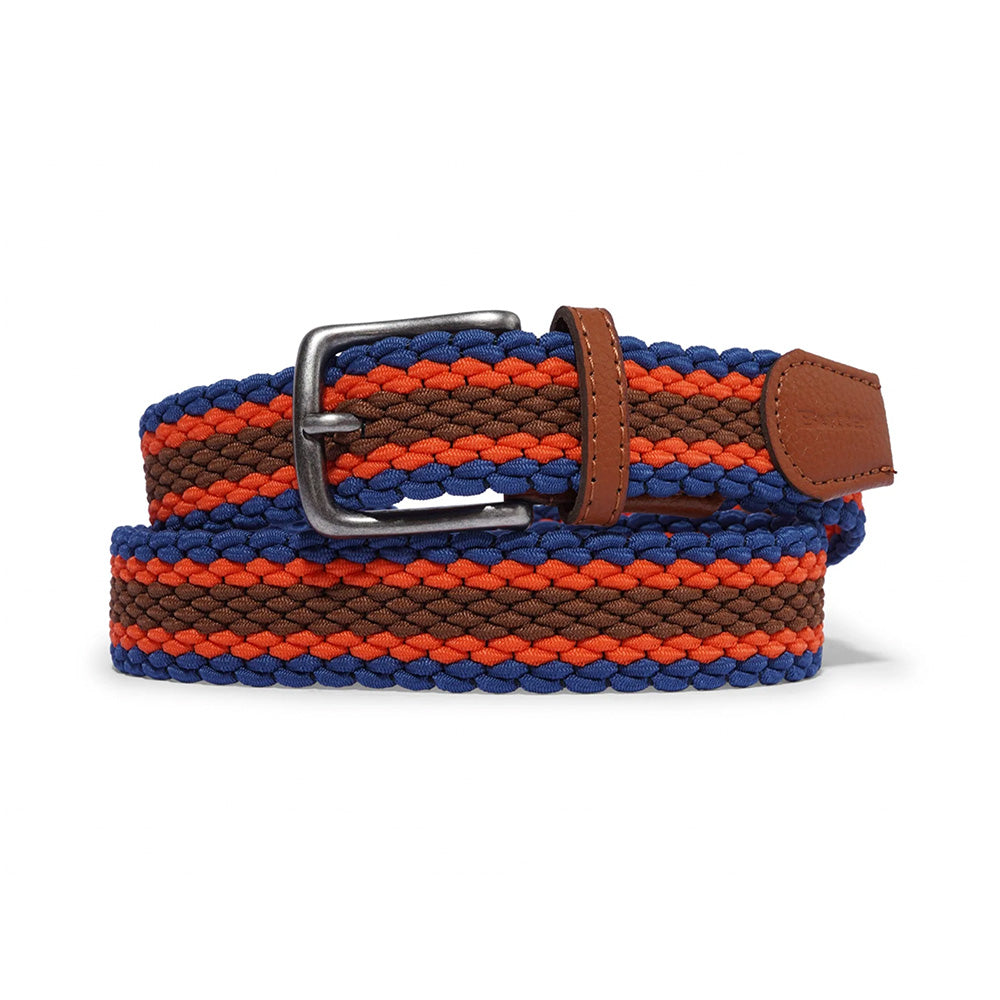 The BUTTER BRAIDED BELT NAVY from Butter Goods features blue, orange, and brown stripes, a silver buckle, brown leather end tip, and elastic construction for stylish comfort every day.
