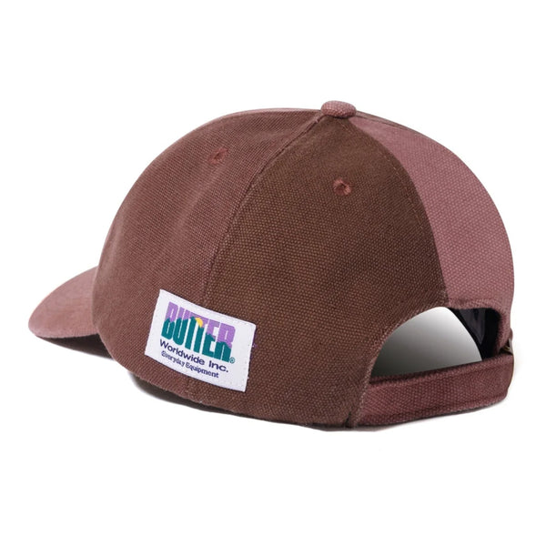 A BUTTER GOODS PATCHWORK 6 PANEL HAT WASHED BURGUNDY with a washed burgundy label.